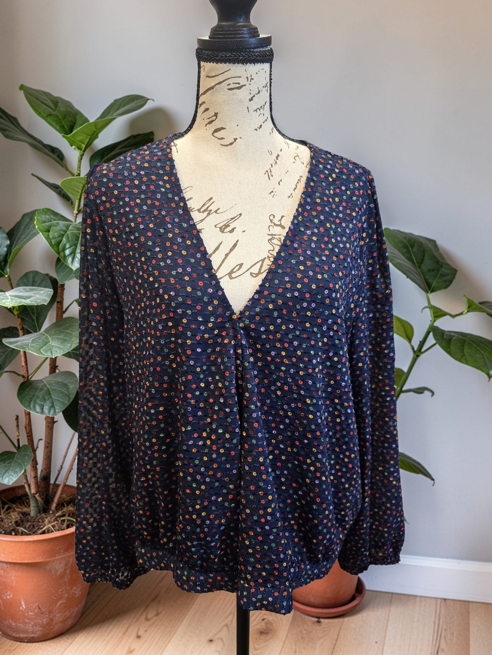 Madewell Sugar Dot Lyric Wrap Blouse Navy Multicolor Size XL